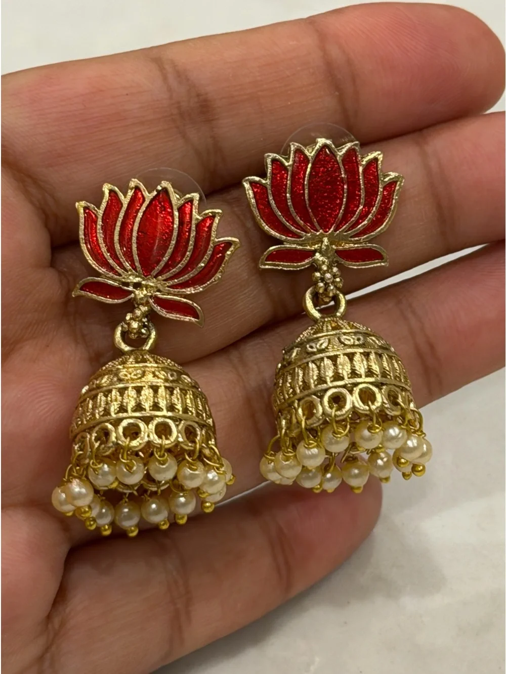 Red Lotus Jhumka Earrings | Pearl Drop Indian Ethnic Gold Tone Festival Jewelry